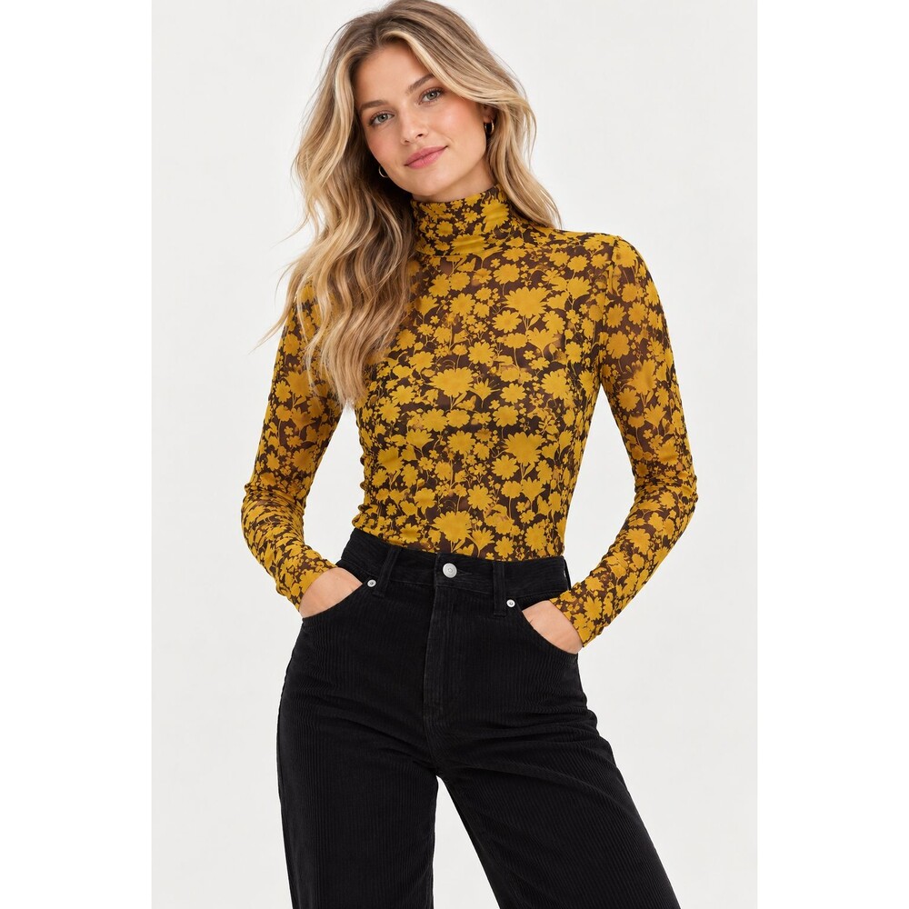 Ganni Printed Mesh Turtleneck Top Spectra Yellow Floral Print Size XS? Small??